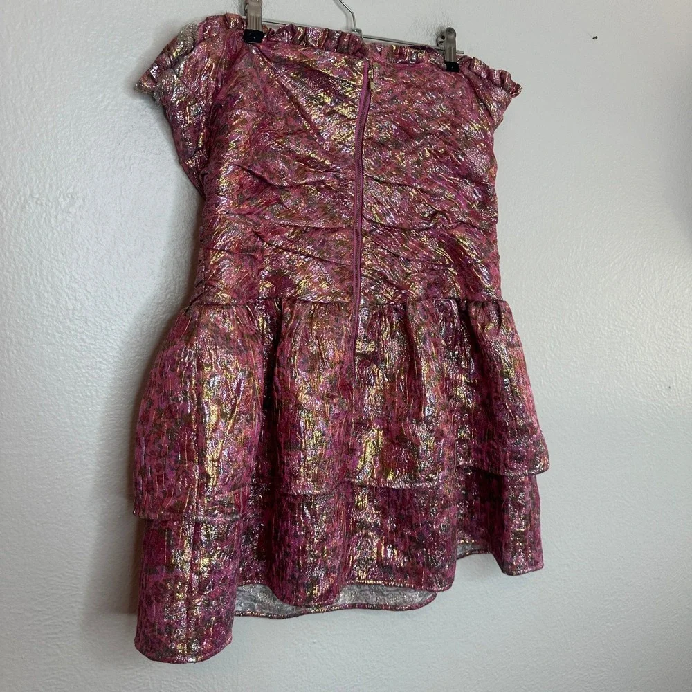 LOVESHACKFANCY Acelin Dress Pink Gold Metallic Jacquard Strapless Ruched Mini 10 - Picture 7 of 11
